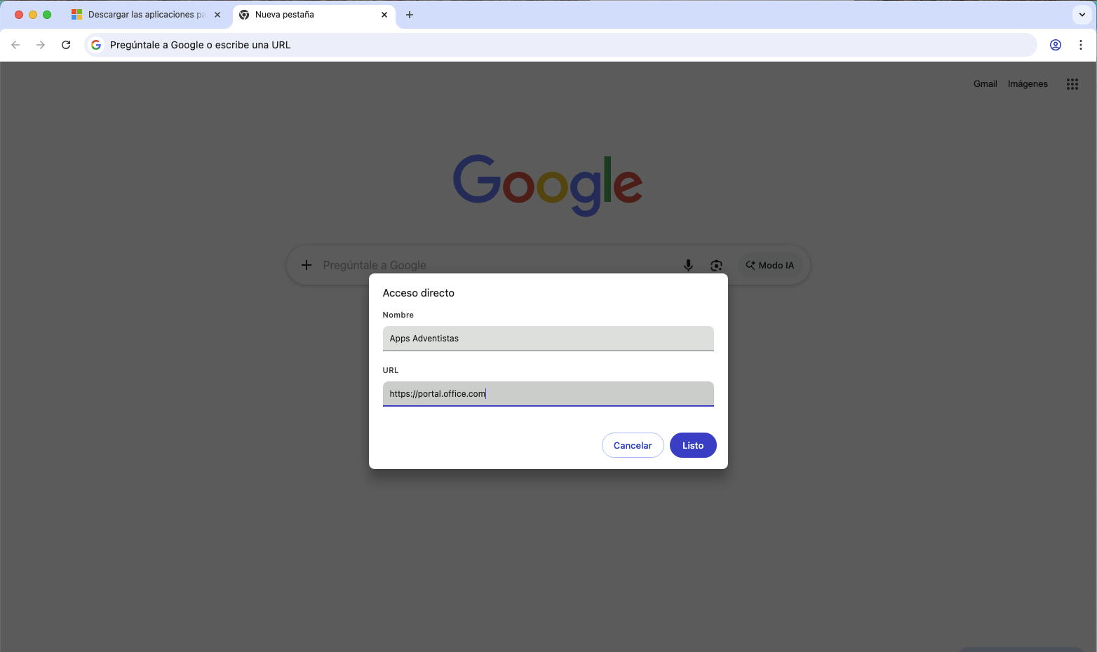 Confirmación para crear acceso directo al portal