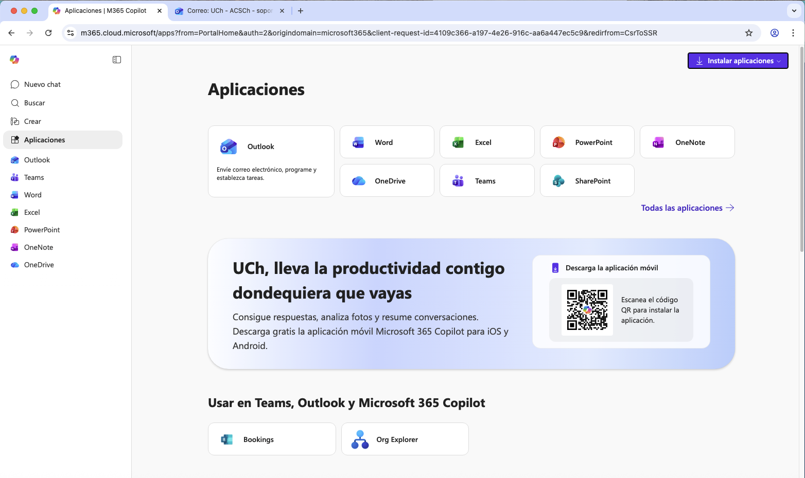 Opciones Instalar aplicaciones e Instalar Office