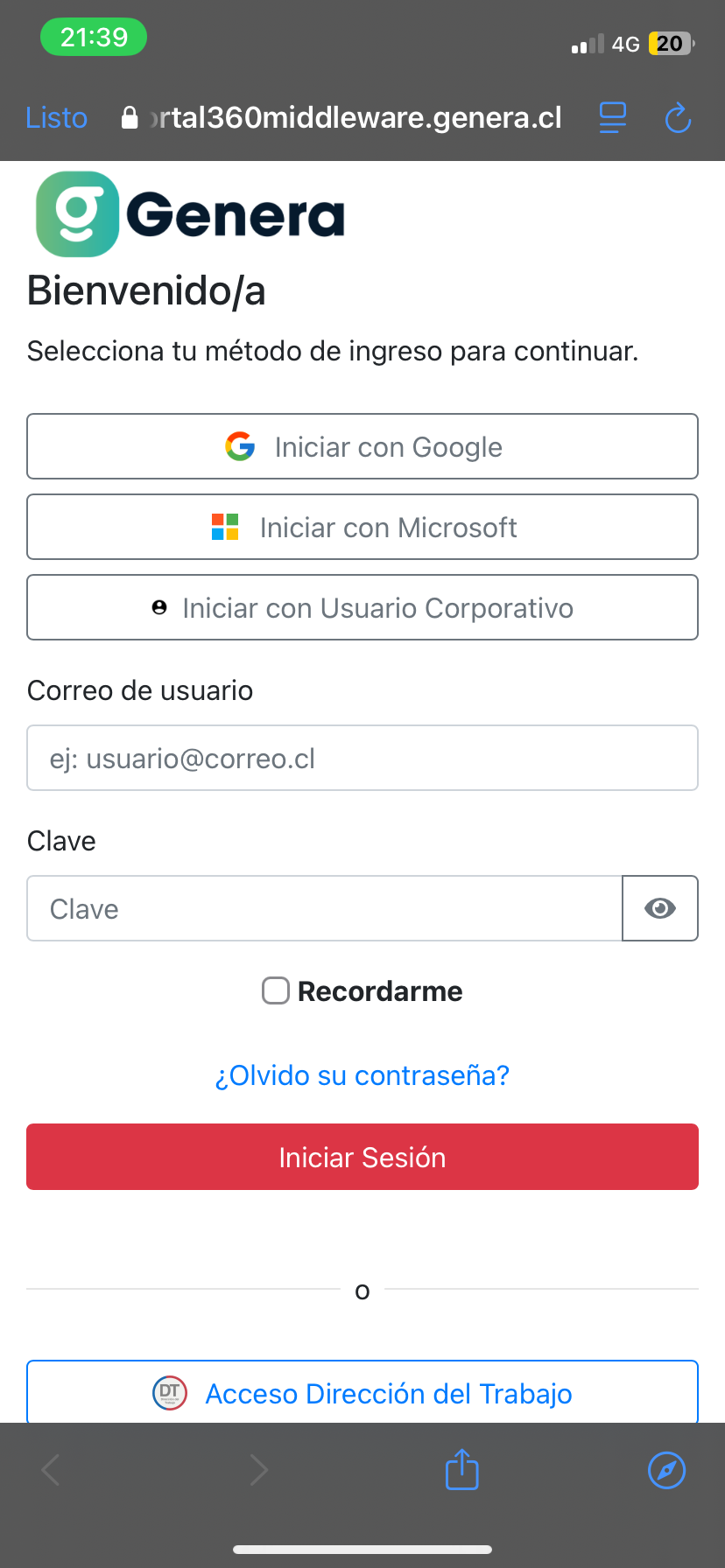 Pantalla de ingreso de Genera con opciones Google, Microsoft y Usuario Corporativo