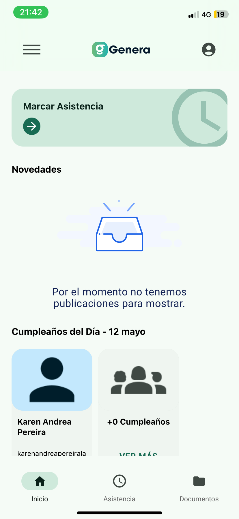 Inicio de Genera con la tarjeta Marcar Asistencia