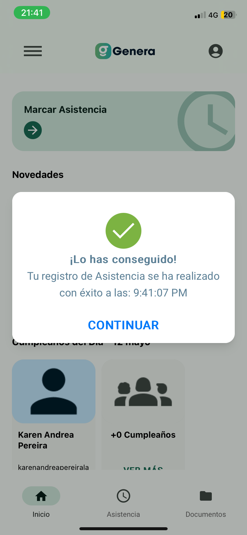 Mensaje de registro de asistencia realizado con éxito en Genera