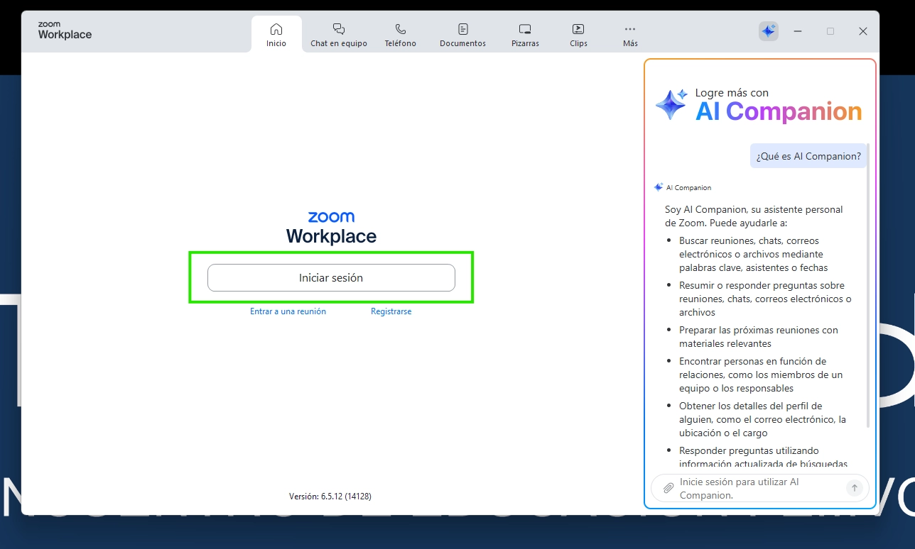 Pantalla de acceso en Zoom